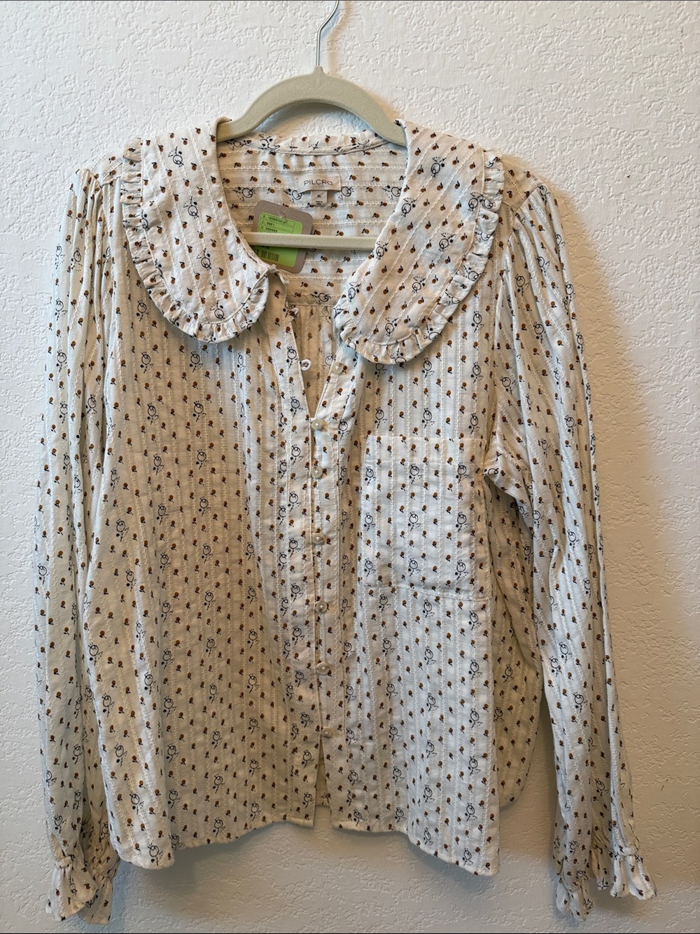 Anthropologie Pilcro Cream Button-Down Top with Ruffle Collar & Floral Print NWT